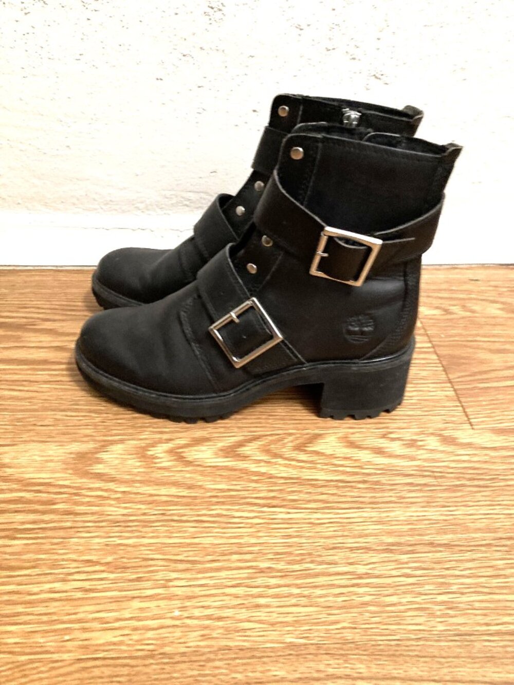 Timberland Women's Black Leather Boots Side Zip Double Buckle US 8
